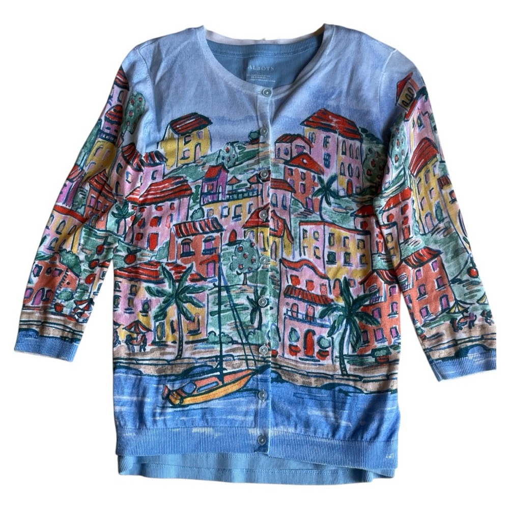 3/$18 Talbots Colorful Cityscape Cardigan Three Quarter Sleeve Button Up